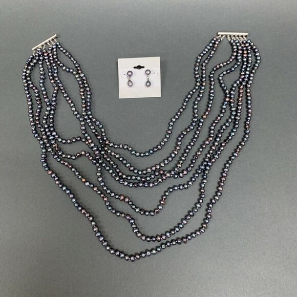7 Graduated Strands Beaded Gray Purple Multicolor Necklace Earrings Set - Picture 9 of 12
